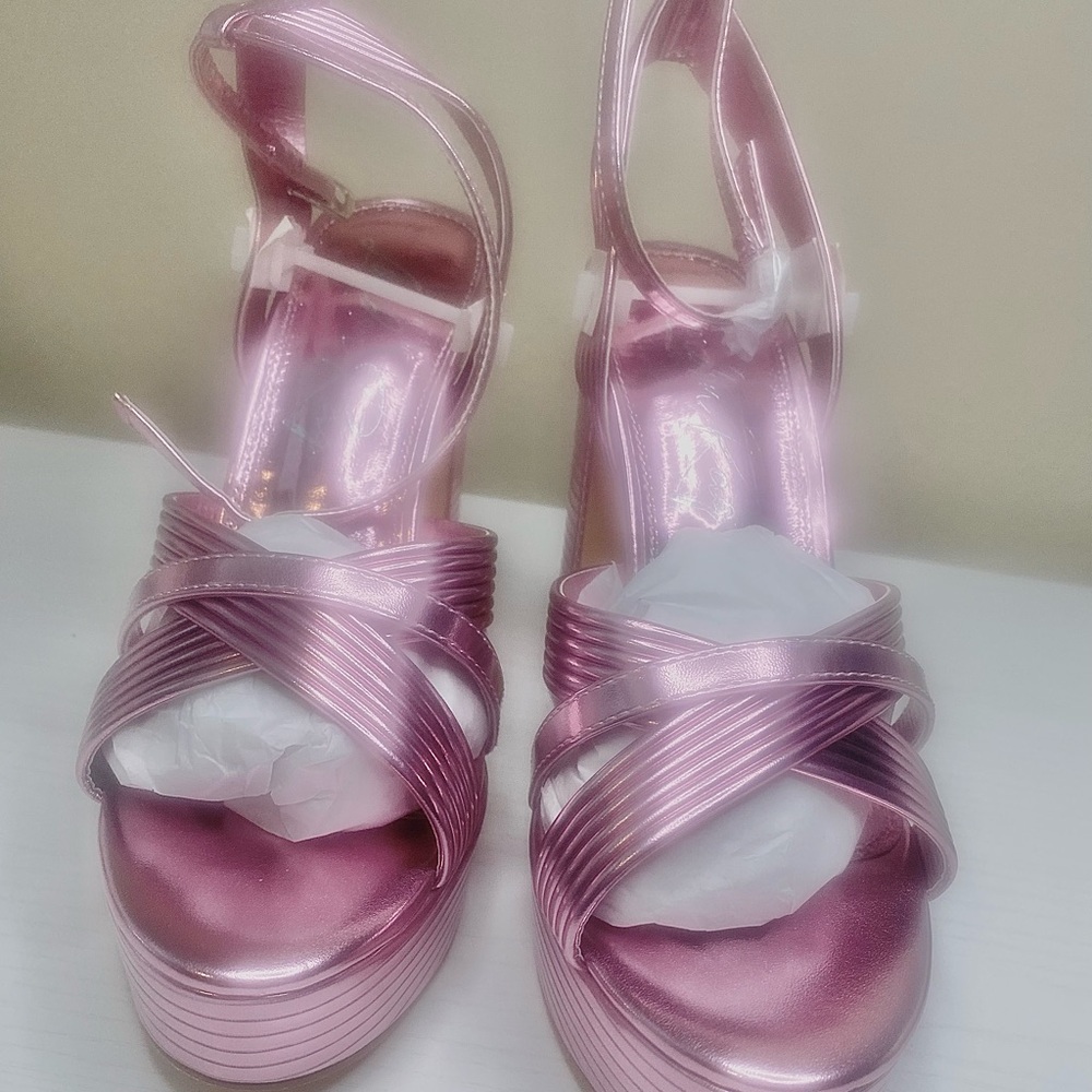 London Rag Socialite Sandal Chic Metallic Pink Platform Ankle Strap Heels - Picture 8 of 11
